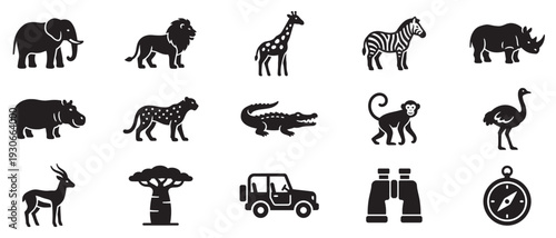 African safari animals and elements icons collection representing wildlife, adventure, and exploration in a minimalist black silhouette style.