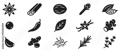 Collection of various culinary spices and herbs icons showcasing a diverse range of aromatic ingredients for cooking.