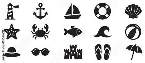 Beach and sea icons collection featuring various summer vacation symbols and nautical elements for travel and holiday designs.