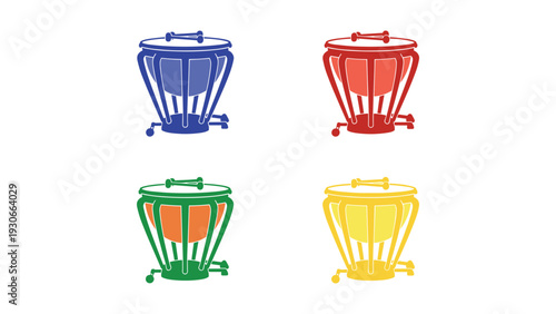 Colorful musical instruments resembling traditional frame drums displayed in four vibrant hues