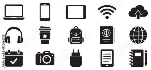 Modern technology and travel icons representing digital communication, global connectivity, and everyday essentials for a connected lifestyle.