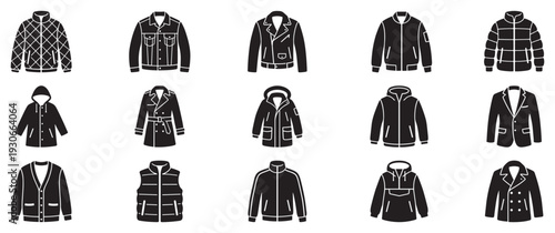 Different types of outerwear garments are displayed as a comprehensive collection of various black silhouette icons, representing diverse styles.
