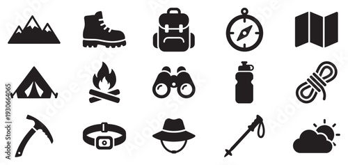Outdoor camping hiking adventure equipment icons collection vector illustration depicting various essential gear for exploration and nature activities.