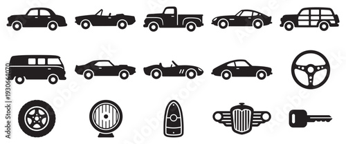 Classic cars and automotive parts vector icons set representing various vintage vehicles and essential components.