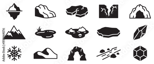 Collection of natural geological formations and elements icons representing various landforms, minerals, and natural phenomena in a simple, modern black and white style.