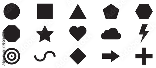 Various geometric shapes and symbols are arranged in a neat grid pattern, showcasing fundamental forms and common icons for design elements.