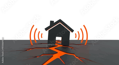 Earthquake damage to house, cracked ground, seismic activity danger