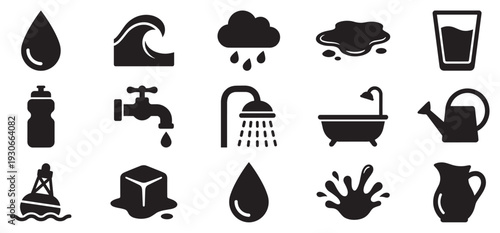 Water icons illustrating various forms, uses, and states of this vital natural resource, essential for hydration and daily life.