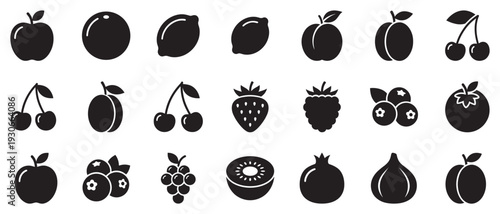 Fruit icons collection showcasing various healthy natural produce silhouettes perfect for web design, apps, and healthy eating concepts.