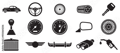 Automotive car parts and accessories icon set collection features essential elements for vehicle maintenance and driving experience.