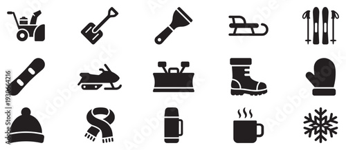 Winter equipment and activity icons collection featuring various cold weather items for outdoor fun and snow removal tasks.