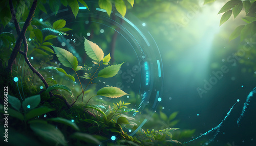 Digital background. An enchanting image depicts verdant leaves and intricate branches within a forest, interwoven with subtle, futuristic elements.