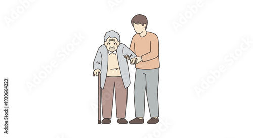Young man assisting elderly woman with cane