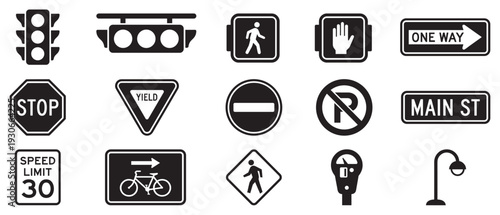 Various road signs, traffic lights, and street elements are presented as a comprehensive set of black and white icons.