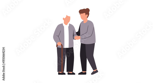 Elderly man with cane assisted by younger person, care concept