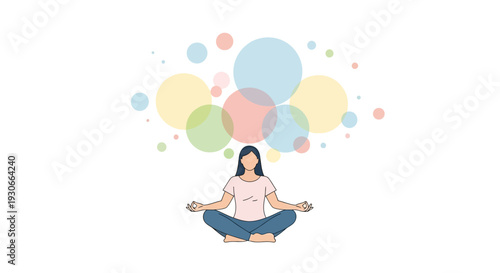 Woman Meditating, Peaceful Mind, Colorful Thoughts Bubbles