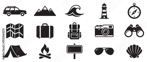 Travel adventure vacation exploration journey symbols set for various outdoor activities and holiday planning.