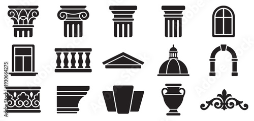 Various classical architectural elements and decorative building components are presented as a set of black silhouette icons.