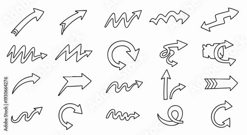 Collection of hand-drawn, outline arrows in various styles, directions, and forms