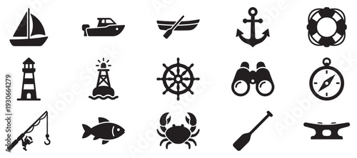 Nautical marine sea ocean boat fishing icons represent a comprehensive collection of maritime symbols and elements for various water activities.