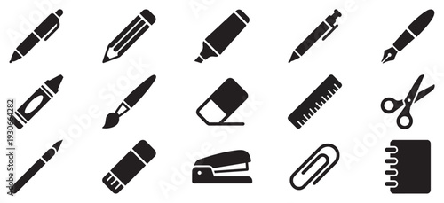 Stationery icons and school supplies collection featuring various essential items for education and office work.