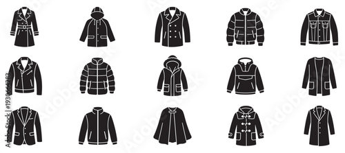 Various coats and jackets collection featuring different styles of outerwear for men and women in a minimalist icon set.