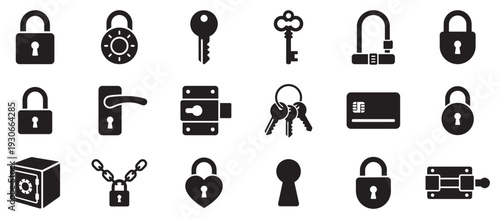 Locks keys security icons set collection symbols representing protection, access, and privacy for various digital and physical applications.