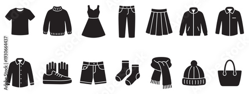 Various clothing and accessories icons representing fashion and apparel items for everyday wear and seasonal outfits.