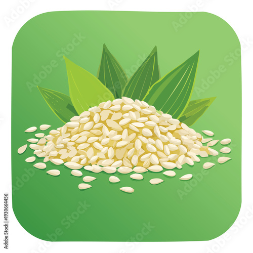 Pile of sesame seeds and green leaves against a vibrant background