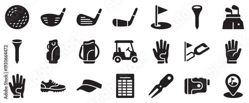 Golf equipment icons collection featuring various essential items for playing the sport, including clubs, balls, tees, gloves, and carts.