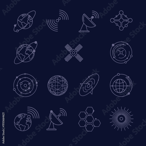 Collection of Outline Icons Representing Global Communication and Technology.