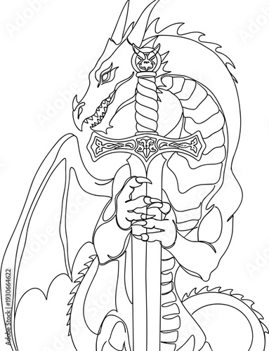 Dragon holding sword in fantasy illustration