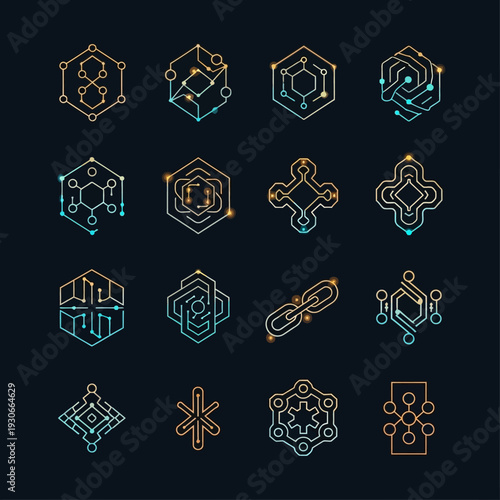 Blockchain technology and cryptocurrency network connection icons set.