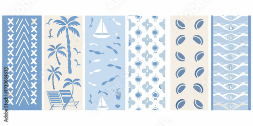 A series of blue and white patterned fabric swatches for summer themes