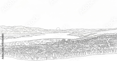 Panoramic view of a lakeside town nestled among rolling hills and distant mountains