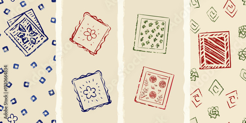 Stylized repeating pattern of postage stamps with floral and geometric designs