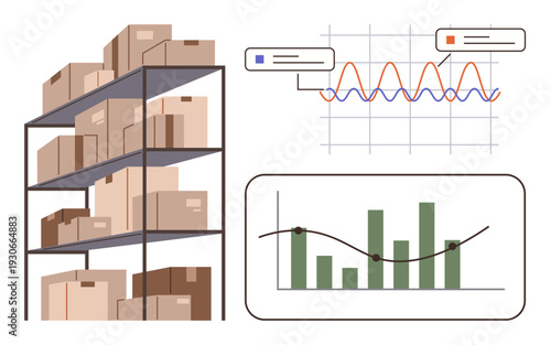 Logistics, supply chain, data analysis, inventory tracking, stock optimization, business growth. Shelves with boxes, graphs and analytics charts are . Logistics and supply chain management concept