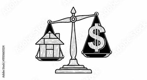 Scale balances a house and a dollar sign, representing value and investment