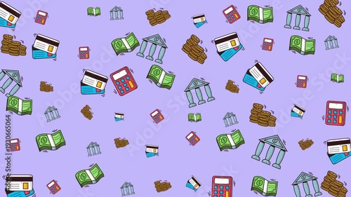 Purple background with money and finance icons, suitable for financial presentations, banking websites, and investment blogs. Represent wealth and success.