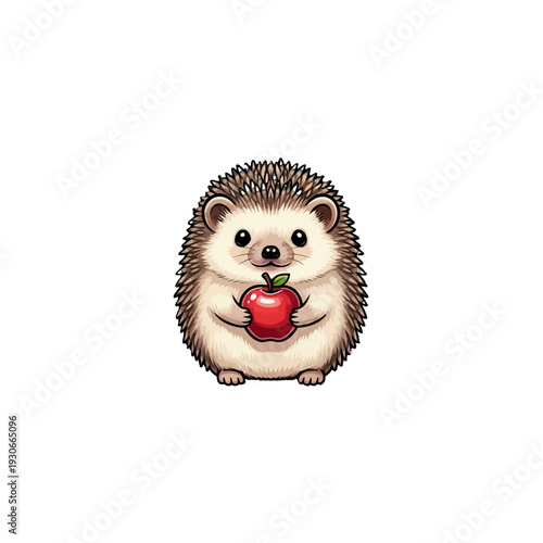 Cute cartoon hedgehog holding red apple.