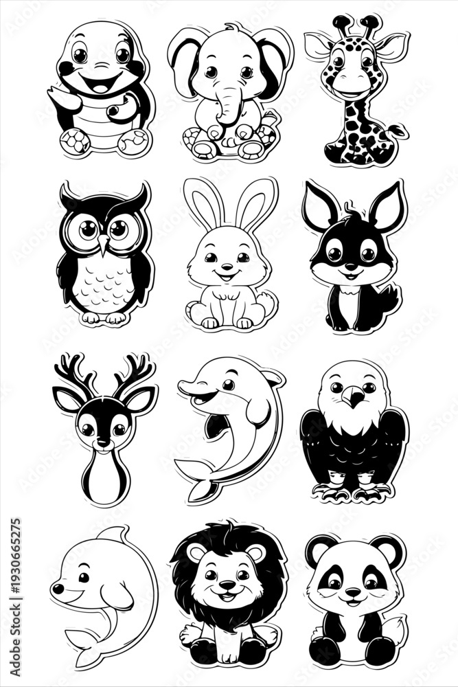 Fototapeta premium Twelve cartoon animals including turtle, elephant, giraffe, owl, rabbit, fox, deer, dolphin, eagle, lion, panda, drawn in cute stylized manner with large eyes