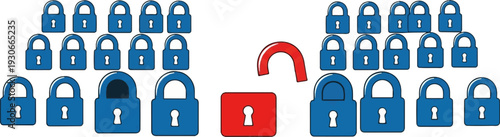 Multiple blue and red locks, some open, some closed, on a white background