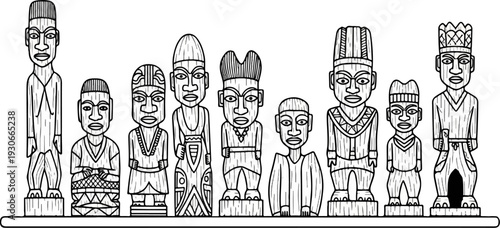 Collection of intricately carved wooden figures with distinct headdresses and garments