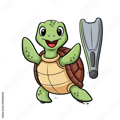 Cartoon turtle with flippers excitedly swimming.