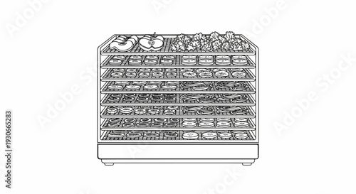 Multi-tiered food dehydrator showcasing sliced apples, greens, and various dried produce