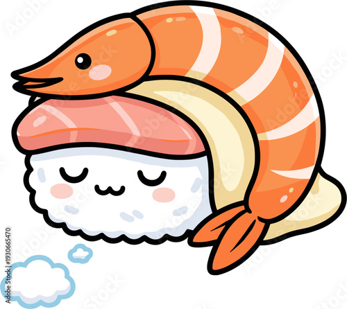 Adorable 2D Vector Sushi Nigiri With Shrimp Topping Cute Kawaii Food Character