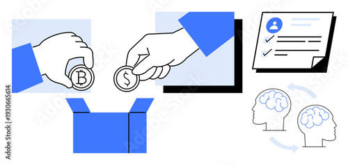 Hands placing coins with currency signs into a box, checklist for planning, interconnected brains symbolizing collaboration. Ideal for teamwork, donation, exchange, charity, communication, education