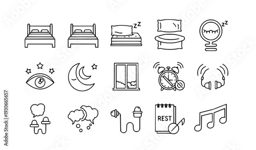 Outline Sleep and Insomnia Vector Icons with Bed Alarm Clock and Night Symbols
