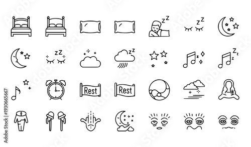 Sleep and Night Routine Editable Line Icon Set with Bedroom Dream and Insomnia Symbols
