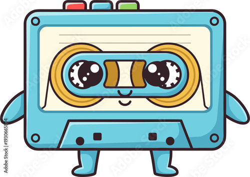Cute Blue 2D Vector Cassette Tape Character with Big Eyes and Smile